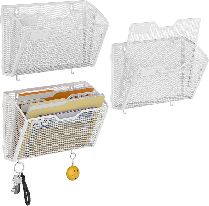 Docnest 2 Tier Mesh Wall File Holders with Hooks – 3 Pack Hanging Letter Holder - Document Organizer for Mail, Paper, Office, Home, School – Space-Saving Wall Mounted Folder Holder – White - Image 1